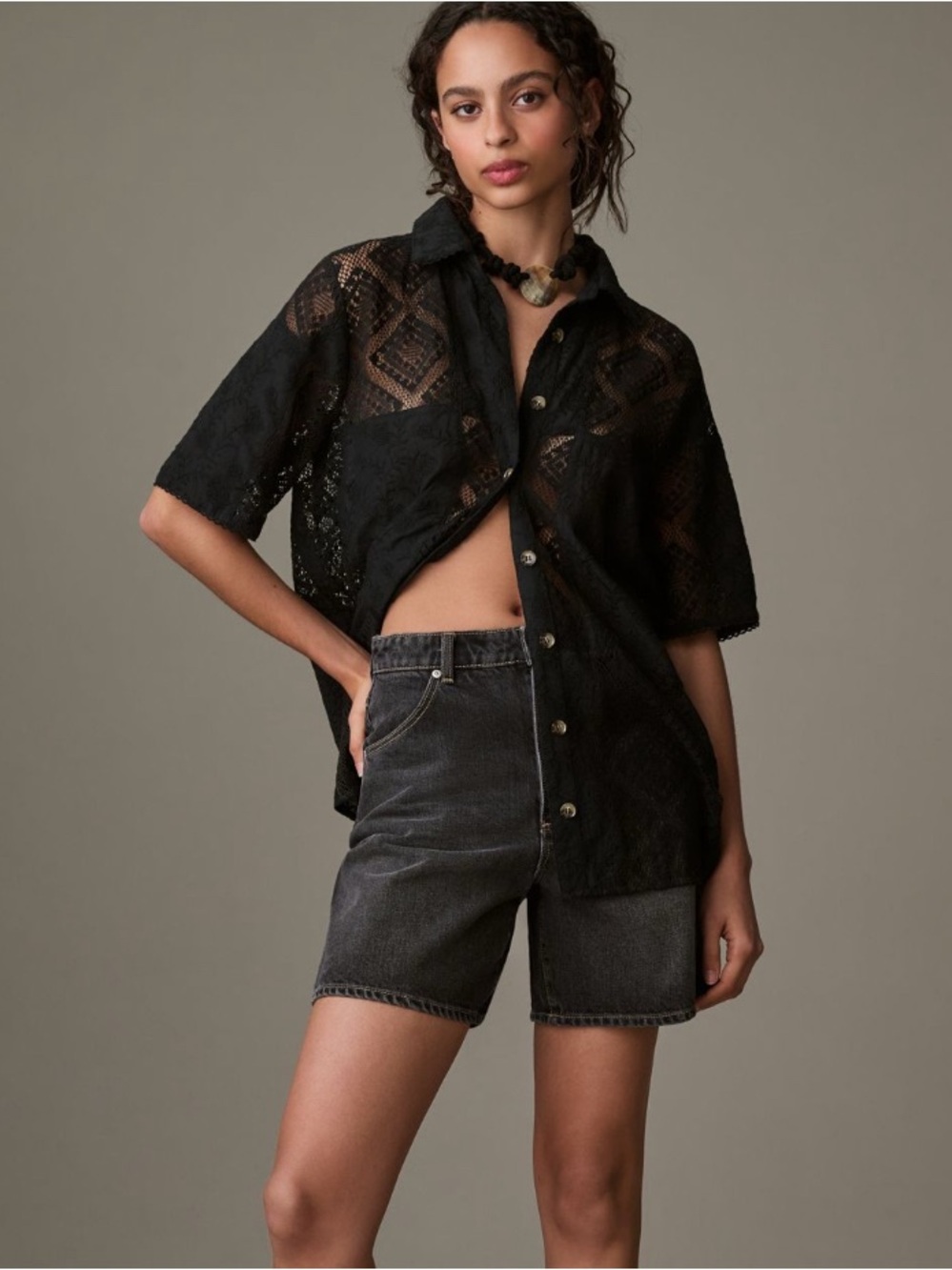 FARM Rio Black Sheer Lace Button-Down Shirt Women’s S